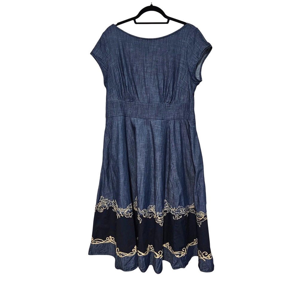 Wayward Fancies eShakti Embroidered Midi Dress L/XL Blue Chambray Pockets‎ Boho